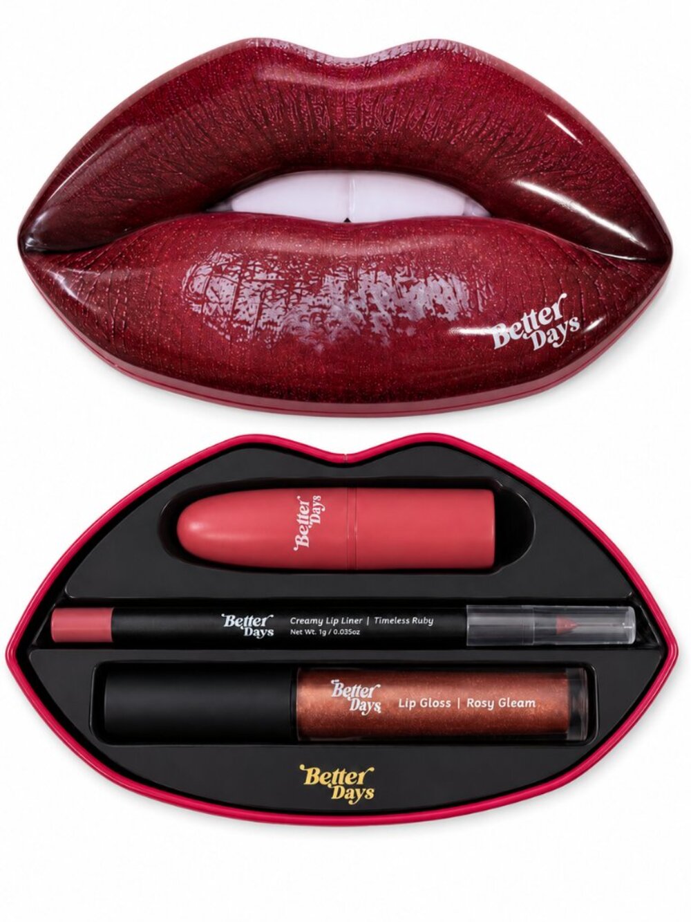 Lip Tin includes 1 Lipstick, 1 Lip gloss, 1 Pencil